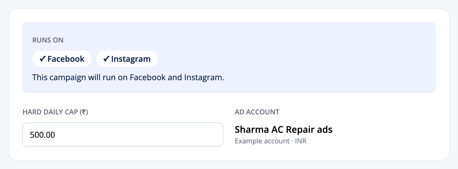 Growth Loop launch screen with a daily budget of 500 rupees on an example Facebook and Instagram lead ad.